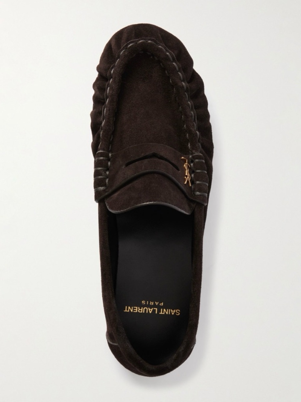 Saint Laurent Dark Brown Suede Penny Loafers with Gold Accent
